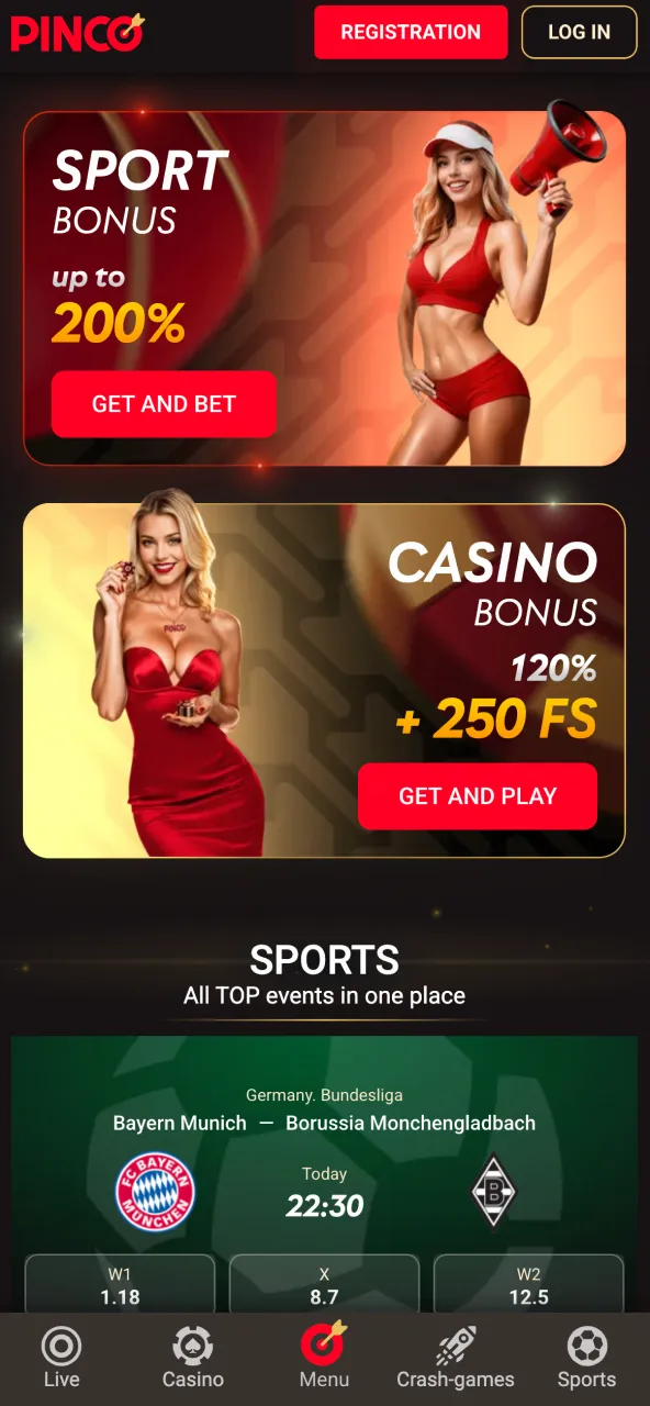 Pinco front page presenting trending games and gaming sections.