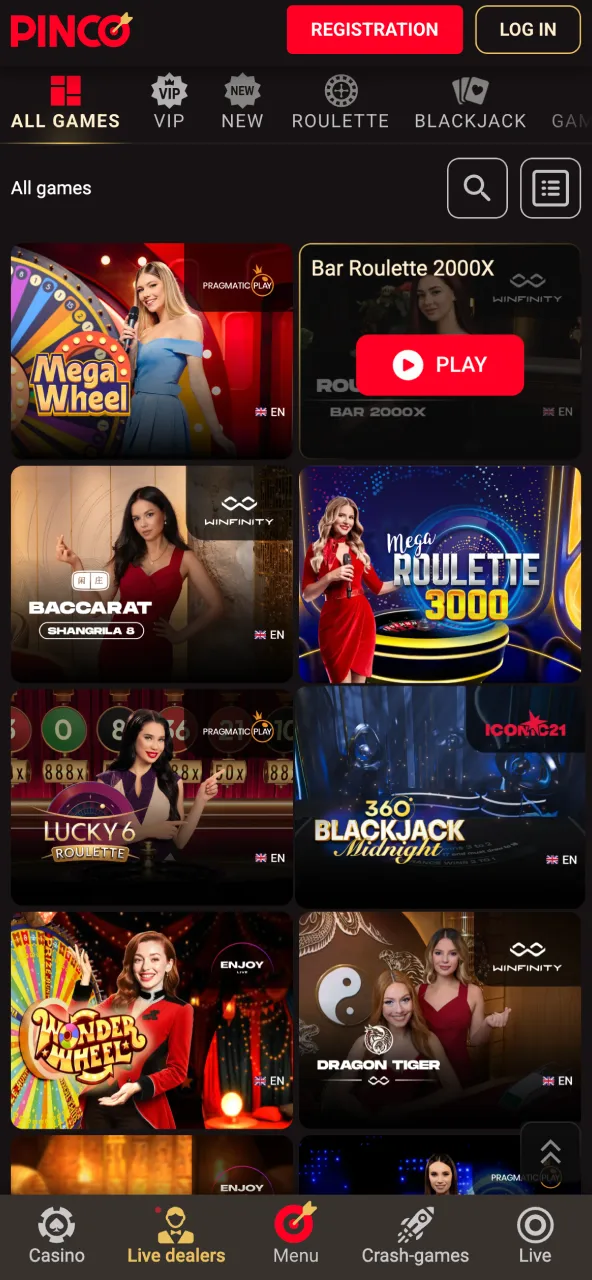Pinco live dealer section featuring interactive casino gameplay.