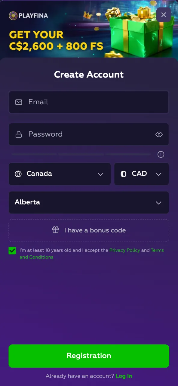 Complete your Playfina account setup with email password Canada and CAD.