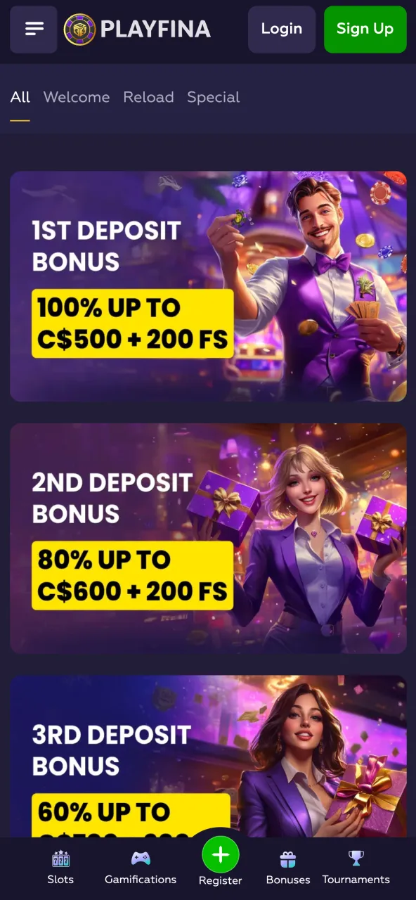 List of bonuses on Playfina with offers for game users.