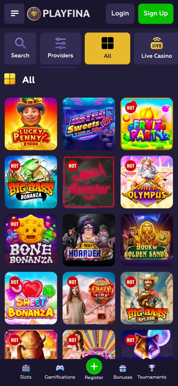 Game catalog on Playfina with many options and category filters.