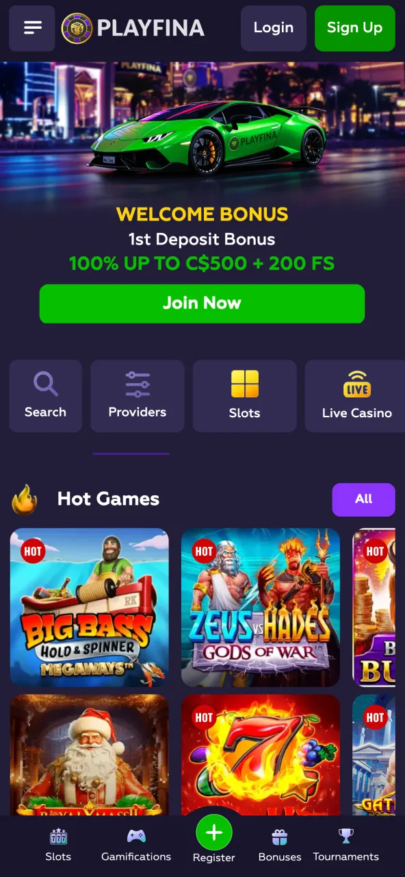 Primary Playfina interface showcasing available games and bonuses.