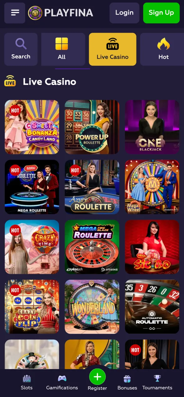 Live casino lobby on Playfina with real-time dealer games.