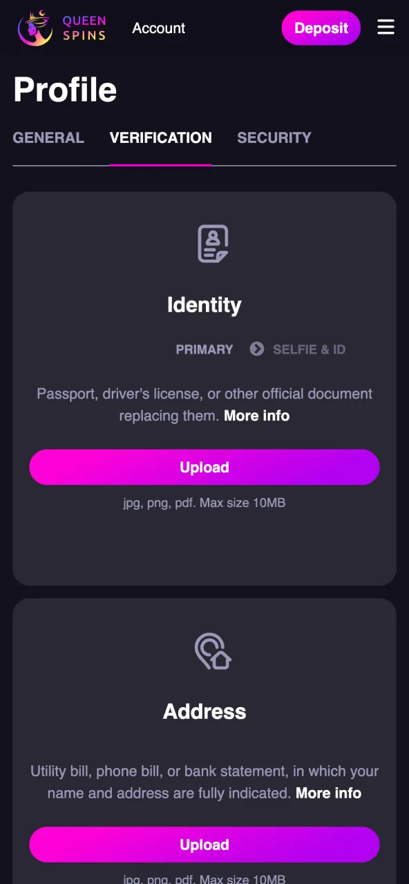 Confirm your identity on Queenspins with ID and address proof.