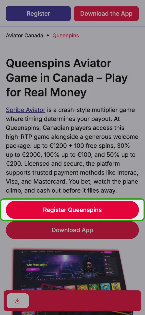 Open the official Queenspins platform through your browser.