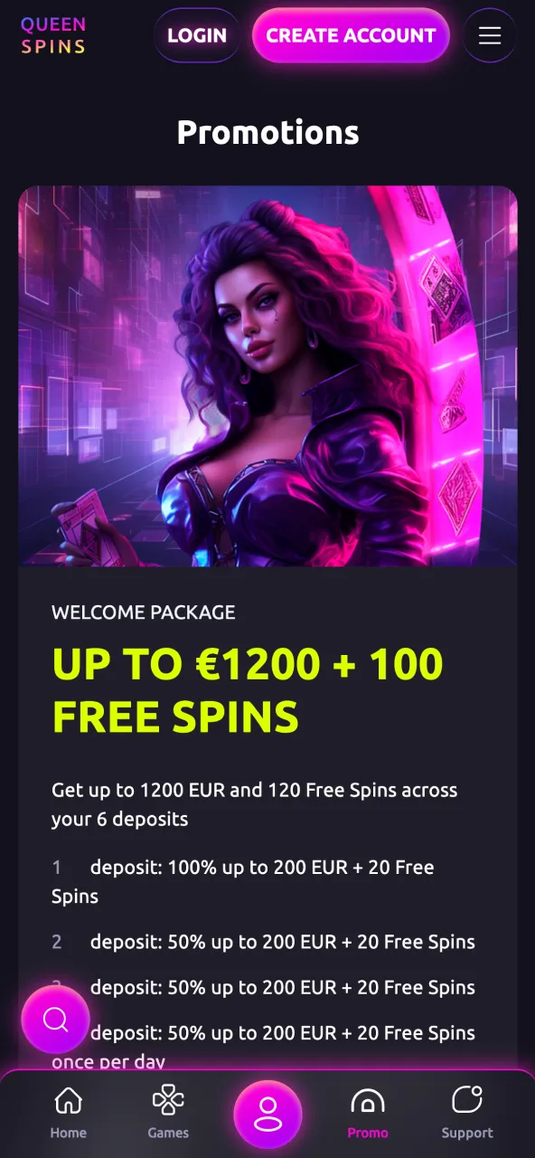 Queenspins page presenting current promotions and gaming bonuses.