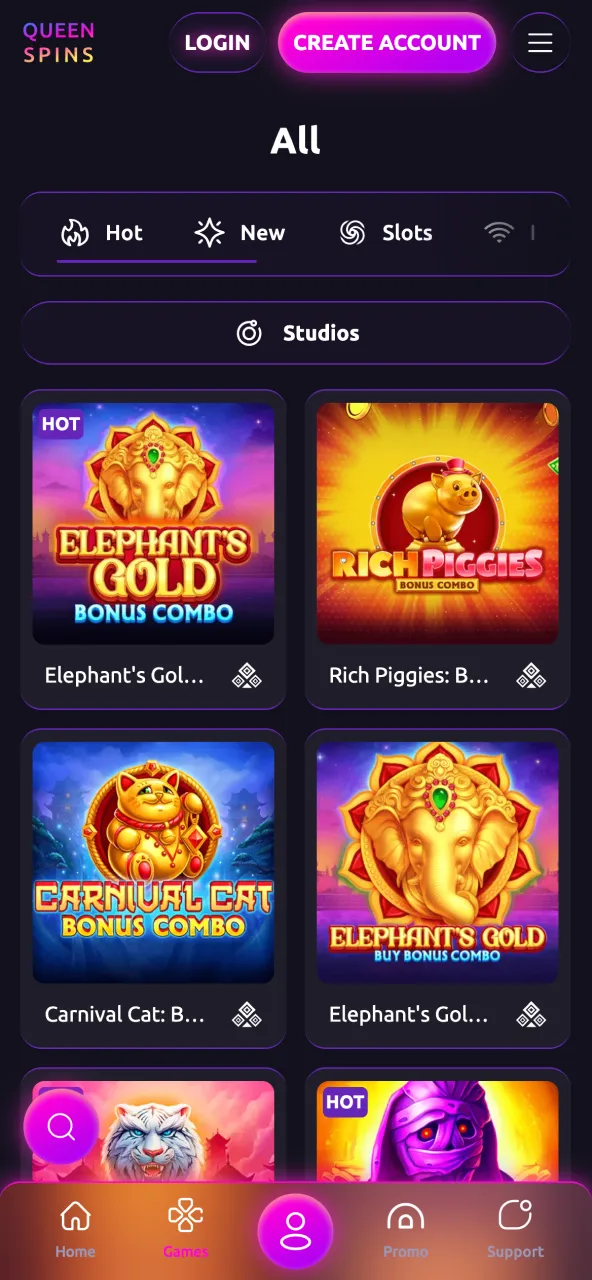 Queenspins page presenting a broad range of games by category.
