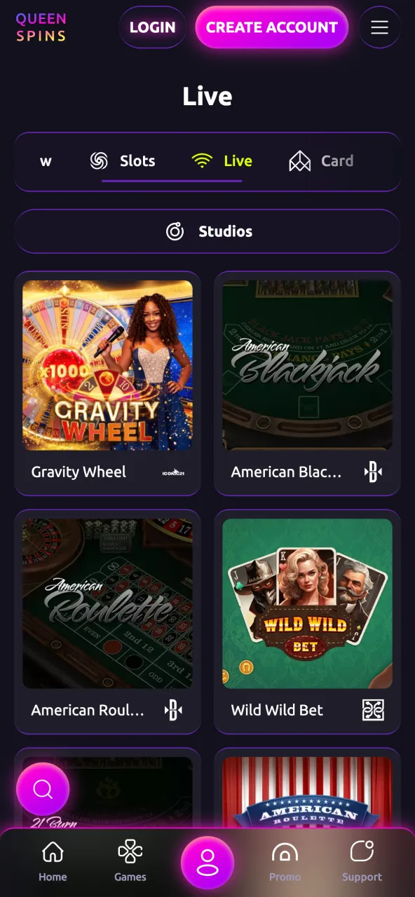 Queenspins page displaying live dealer tables and casino options.