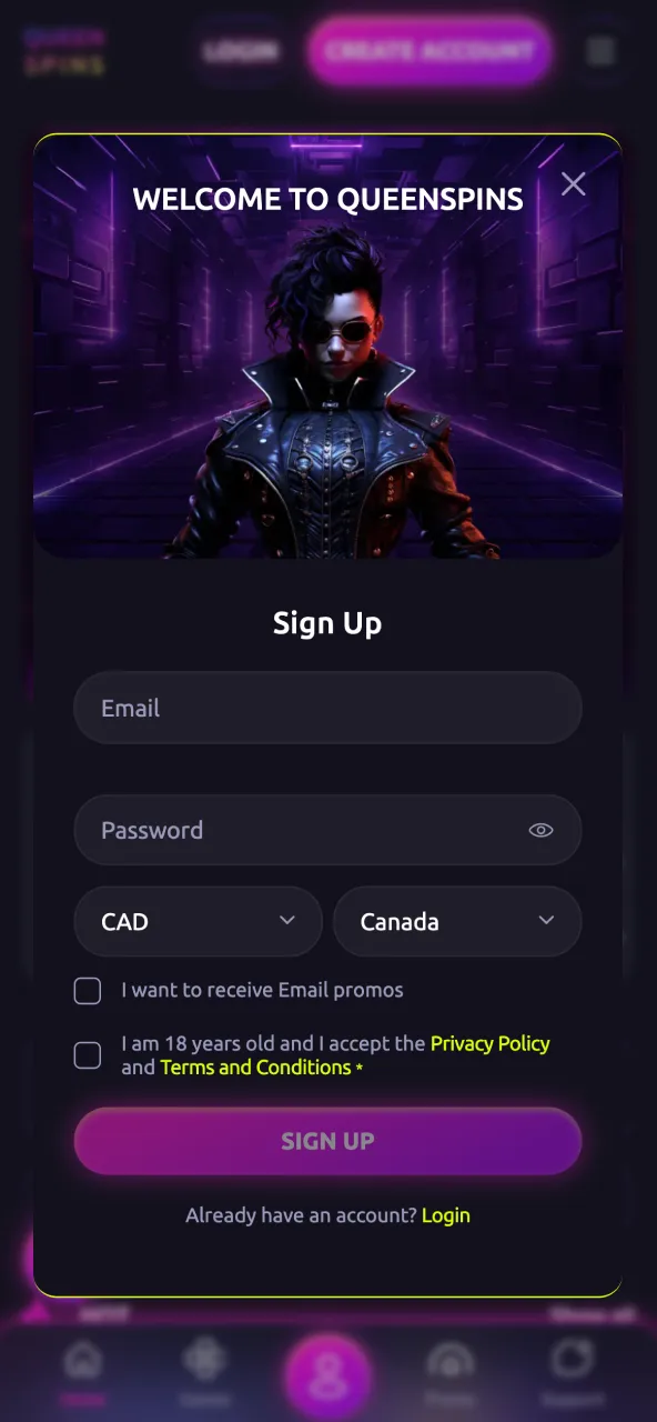 Queenspins signup form for new users entering the gaming platform.
