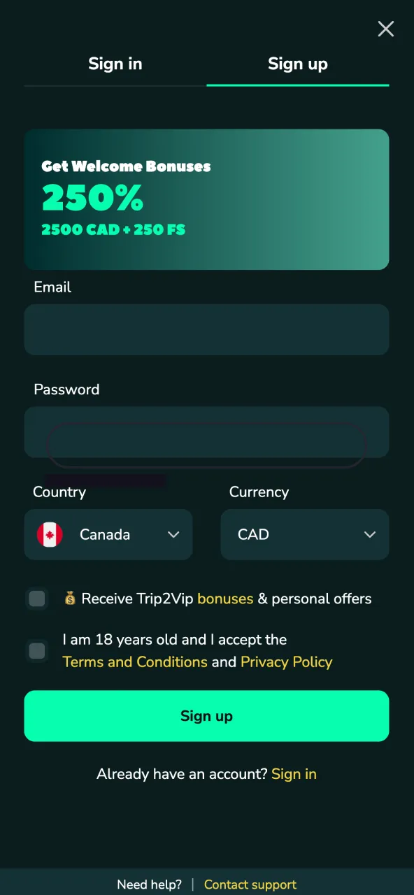 Enter your details on the Trip2Vip registration page including Canada and CAD.