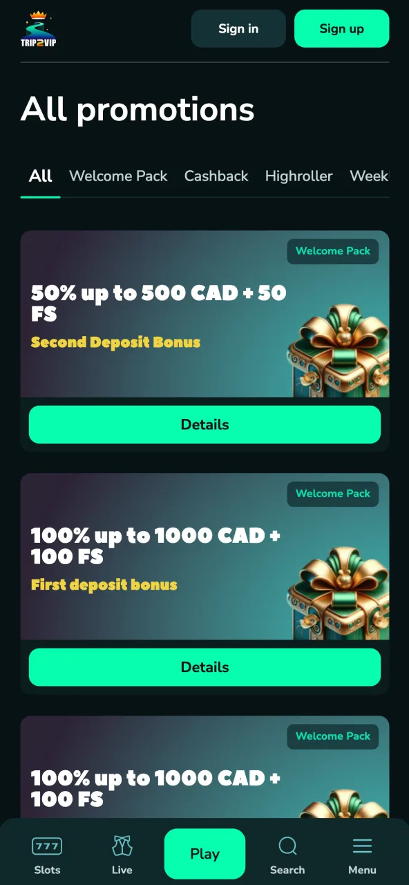 Trip2Vip promotional screen showing available bonuses for gaming.