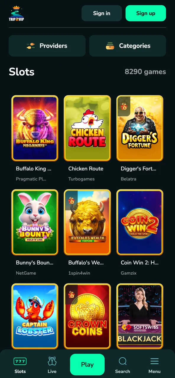 Trip2Vip gaming page offering many titles in different categories.