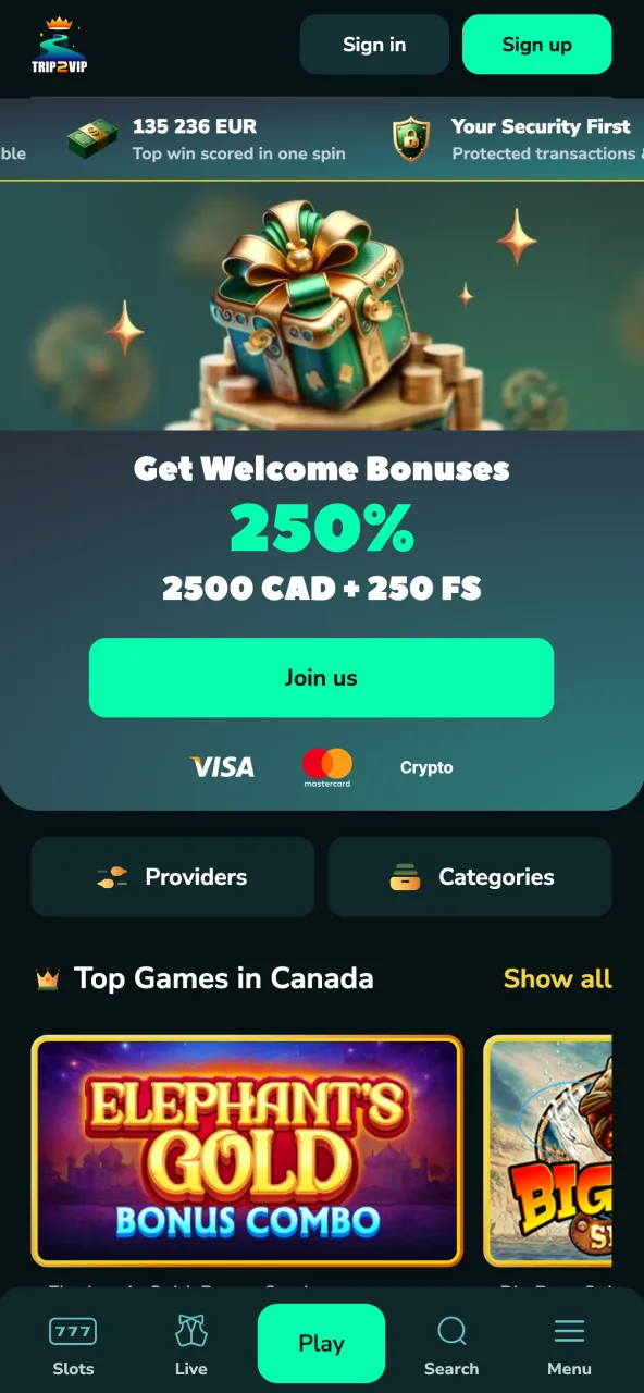 Trip2Vip starting page showing a variety of online game options.