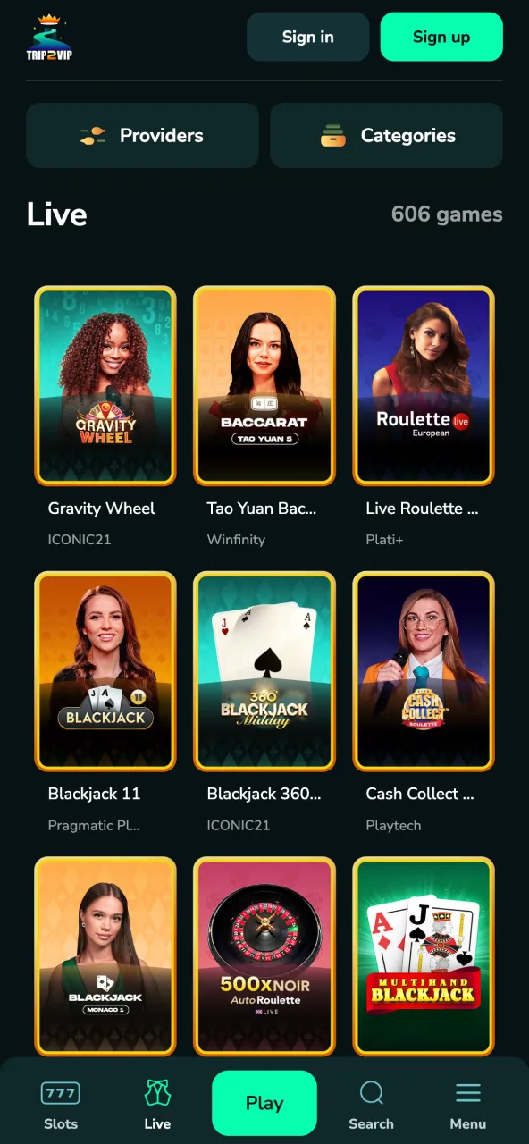 Trip2Vip live casino screen with real dealers and active tables.