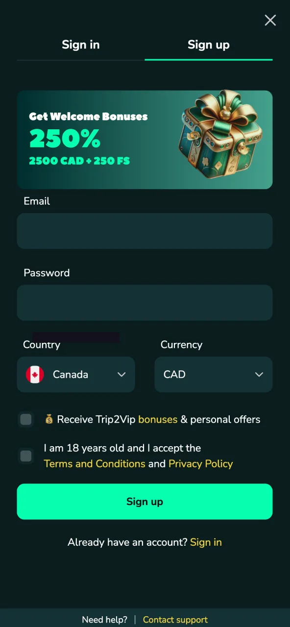 Trip2Vip account setup page for fast registration and game access.
